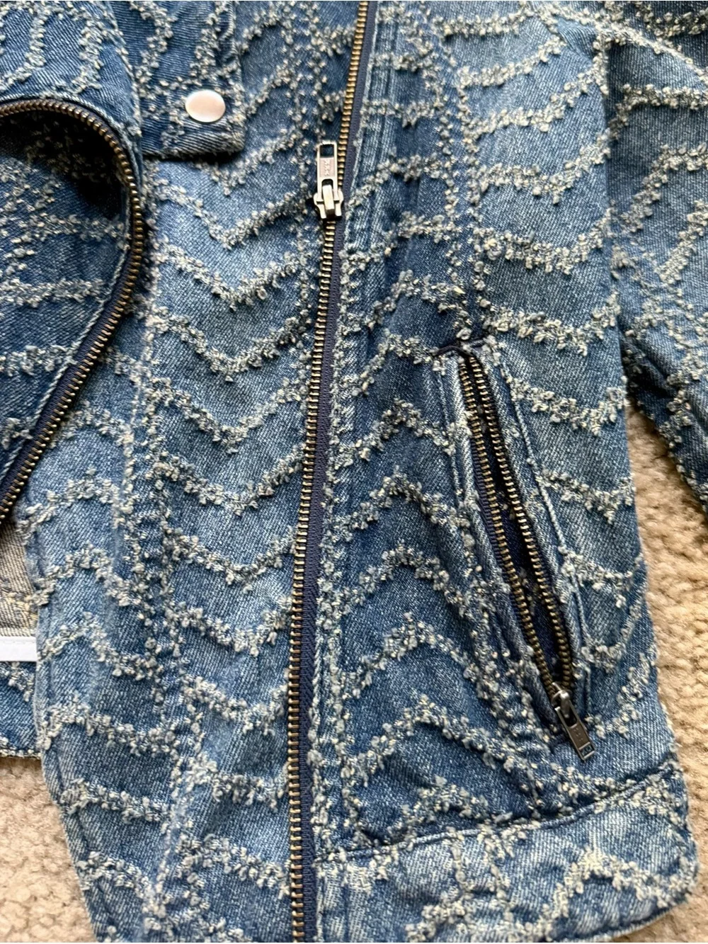Free People Chevron Textured Denim Moto Jacket XS Rare Vintage